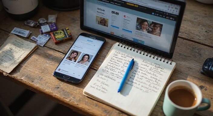 Een smartphone en laptop op een verweerd bureau met notities. Een smartphone en laptop op een verweerd bureau met notities.