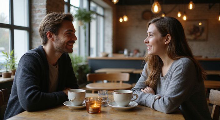 Twee mensen in een café delen een oprechte, intieme conversatie. Twee mensen in een café delen een oprechte, intieme conversatie.
