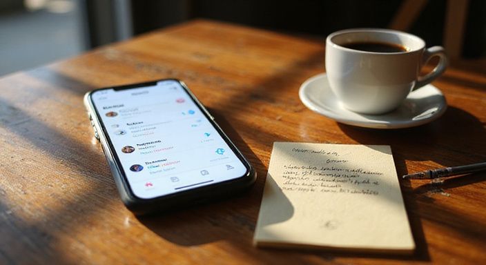 Een smartphone met dating app ligt op een houten tafel in een café. Een smartphone met dating app voor flirten en daten in Vlaanderen ligt op een houten tafel in een café.