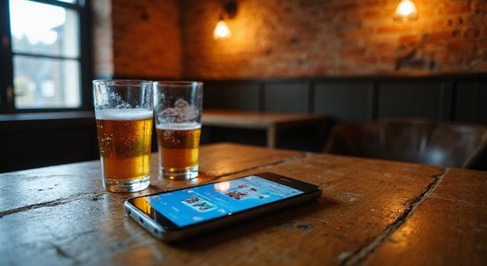 Een smartphone ligt op een tafel met vintage bierglazen eromheen. Een smartphone ligt op een tafel met vintage bierglazen eromheen.