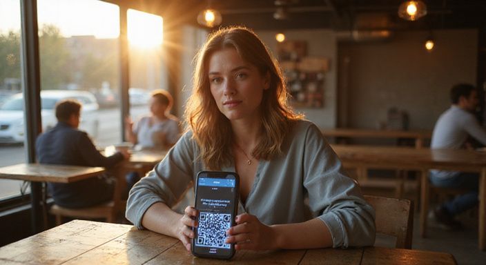 Een vrouw in een café bekijkt een datingapp op haar smartphone. Een vrouw in een café bekijkt een datingapp voor flirten en daten in Vlaanderen op haar smartphone.