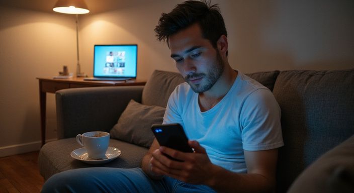 Een jongvolwassene kijkt naar een datingapp op hun smartphone. Een jongvolwassene kijkt naar een datingapp voor flirten en daten in Vlaanderen op hun smartphone.