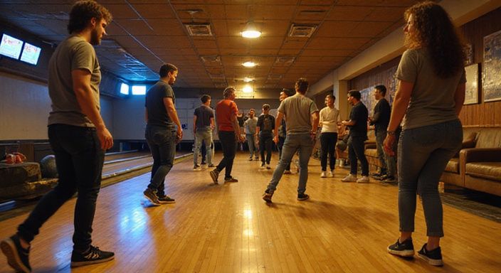 Een groep volwassenen geniet van een ontspannen avond in de bowlingbaan. Een groep volwassenen geniet van een ontspannen avond in de bowlingbaan.