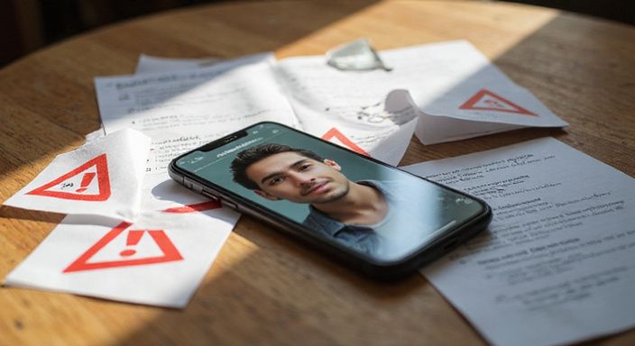 Smartphone met dating-app en waarschuwingssymbools op tafel. Smartphone met dating-app voor flirten en daten in Vlaanderen en waarschuwingssymbools op tafel.