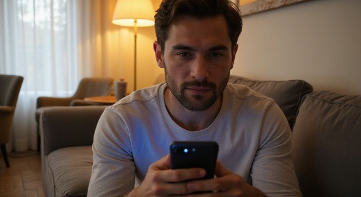 Een jongvolwassene zit ontspannen op een bank met een smartphone. Een jongvolwassene zit ontspannen op een bank met een smartphone en zoekt naar flirten en daten in Vlaanderen.
