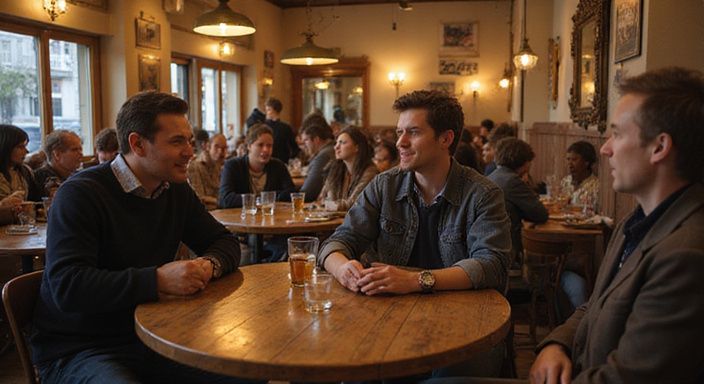 Een speeddate-evenement met volwassenen in een intieme cafésetting. Een speeddate-evenement met volwassenen in een intieme cafésetting.