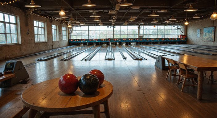 Een drukke bowlingbaan met versleten apparatuur en meubels. Een drukke bowlingbaan met versleten apparatuur en meubels.