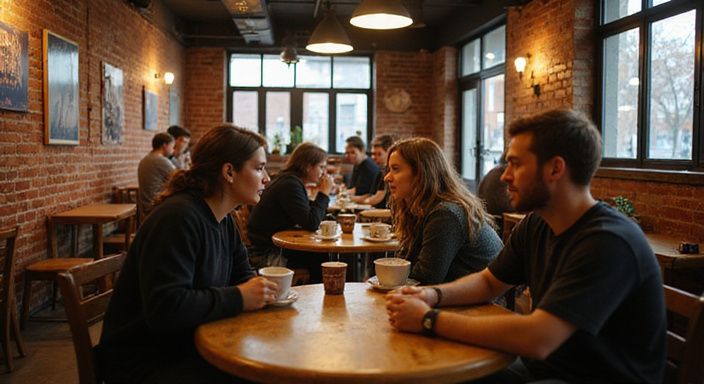 Een groep jonge volwassenen geniet van een gesprek in een café. Een groep jonge volwassenen geniet van een gesprek in een café.