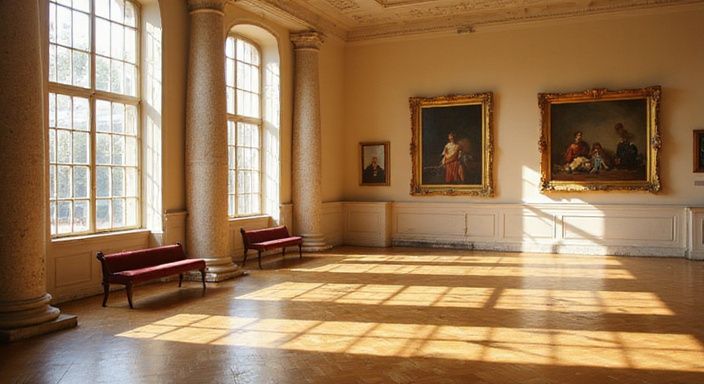 Een serene museumgalerij met Barokke schilderijen en klassieke architectuur. Een serene museumgalerij met Barokke schilderijen en klassieke architectuur.