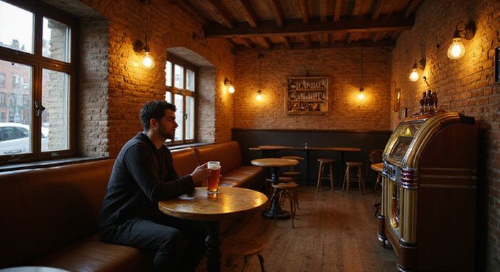 Een man geniet van een biertje in een ouderwets café. Een man geniet van een biertje in een ouderwets café.