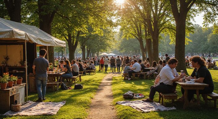 Een levendig gemeenschapsfestival met marktkraampjes en ontspannen mensen in het park. Een levendig gemeenschapsfestival met marktkraampjes en ontspannen mensen in het park.