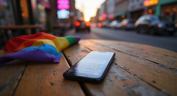 Een smartphone en een pridevlag op een cafétafel in Antwerpen. Een smartphone en een pridevlag op een cafétafel in Antwerpen.