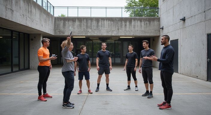 Groep volwassenen bespreekt enthousiast padel in een sportcomplex. Groep volwassenen bespreekt enthousiast padel in een sportcomplex.