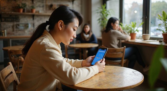 Een jonge persoon bekijkt aandachtig Google Maps in een café. Een jonge persoon bekijkt aandachtig Google Maps in een café.
