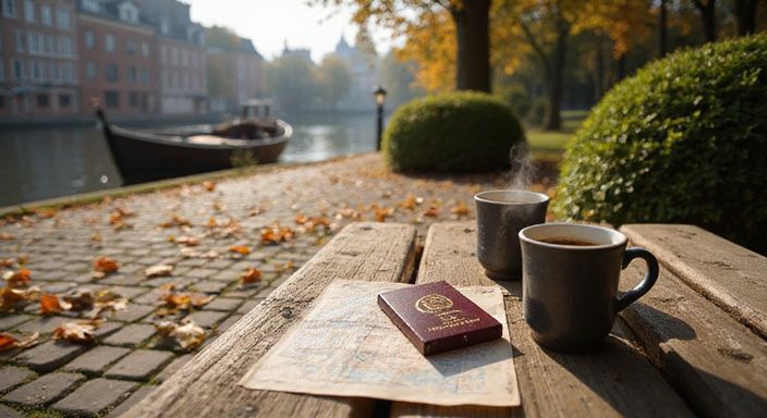 Een houtenbank met koffie en chocolade in een park aan de Schelde. Een houtenbank met koffie en chocolade in een park aan de Schelde.