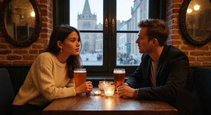 Twee mensen genieten van een intiem gesprek in een Belgische bar. Twee mensen genieten van een intiem gesprek in een Belgische bar.