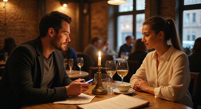 Twee mensen in een brasserie delen een intiem gesprek. Twee mensen in een brasserie delen een intiem gesprek over flirten en daten in Limburg.