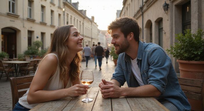 Een vrouw en man genieten van een ontspannen moment op een terras. Een vrouw en man genieten van een ontspannen moment op een terras en gan flirten en daten in Limburg.
