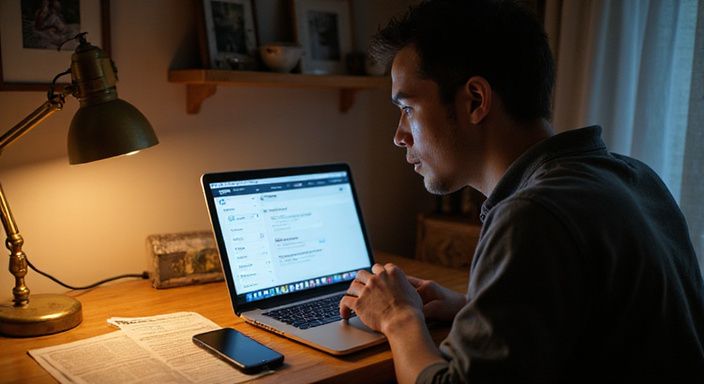 Een persoon bestudeert een datingapp op een laptop in een studio. Een persoon bestudeert een datingapp voor flirten en daten in Limburg op een laptop in een studio.