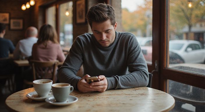 Een jongvolwassene verdiept zich in een datingapp in een café. Een jongvolwassene verdiept zich in een datingapp voor flirten en daten in Limburg in een café.