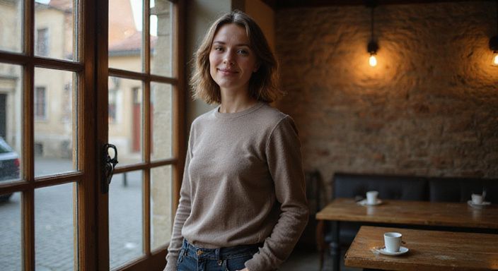 Een vrouw glimlacht oprecht in een traditionele Europese café. Een vrouw glimlacht oprecht in een traditionele Europese café en wil flirten en daten in Limburg.