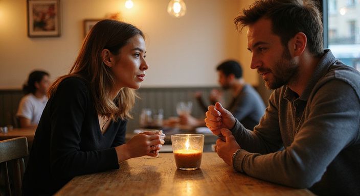Twee volwassenen delen een intiem gesprek in een café. Twee volwassenen delen een intiem gesprek over flirten en daten in Limburg in een café.