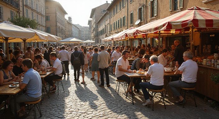 Een levendig stadsfestival met diverse bezoekers en gezellige marktkramen. Een levendig stadsfestival met diverse bezoekers en gezellige marktkramen.