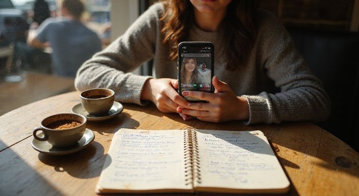 Een vrouw bekijkt een datingapp op haar smartphone in een café. Een vrouw bekijkt een datingapp op haar smartphone in een café.