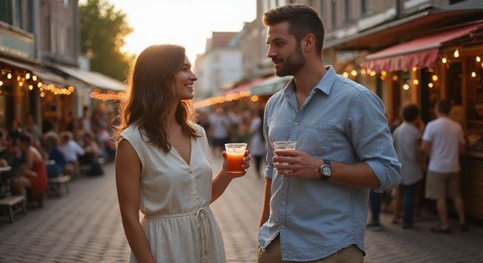 Twee volwassenen genieten van een festival op een geplaveide straat. Twee volwassenen genieten van een festival op een geplaveide straat.