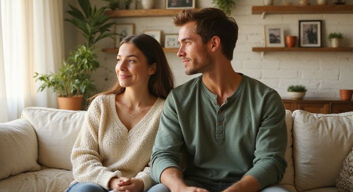 Een vrouw en een man zitten ontspannen op een bank. Een vrouw en een man zitten ontspannen op een bank.