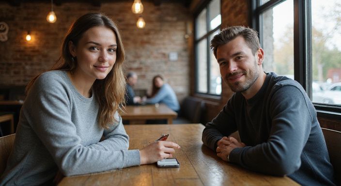 Twee volwassenen genieten van een ontspannen gesprek in een café. Twee volwassenen genieten van een ontspannen gesprek over stiekem flirten in een café.