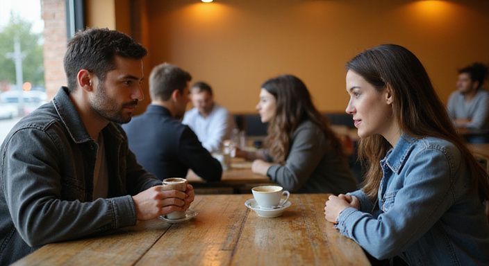 Twee jonge volwassenen hebben een ontspannen gesprek in een koffiehuis. Twee jonge volwassenen hebben een ontspannen gesprek in een koffiehuis.