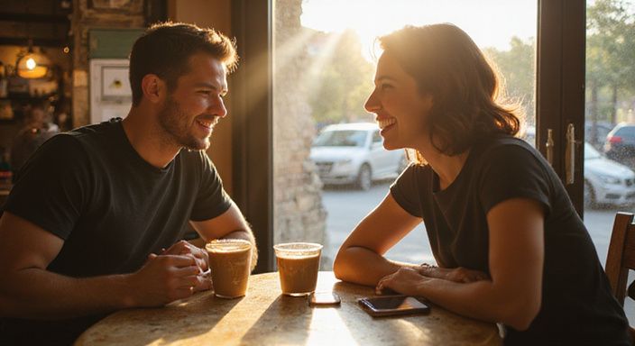 Twee volwassenen genieten van een gesprek in een koffiehuis. Twee volwassenen genieten van een gesprek over stiekem flirten in een koffiehuis.