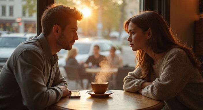 Twee jonge mensen delen een intiem gesprek in een café. Twee jonge mensen delen een intiem gesprek over stiekem flirten in een café.