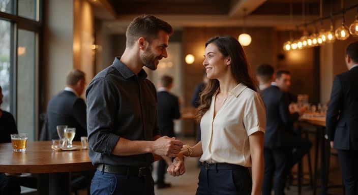 Twee professionals lachen en converseren in een moderne lounge. Twee professionals lachen en converseren over stiekem flirten in een moderne lounge.