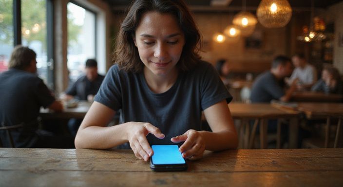 Een jonge persoon glimlacht contemplatief terwijl ze op hun smartphone kijkt. Een jonge persoon glimlacht contemplatief terwijl ze op hun smartphone kijkt.