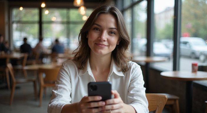 Een jonge vrouw glimlacht ontspannen terwijl ze haar smartphone vasthoudt. Een jonge vrouw glimlacht ontspannen terwijl ze haar smartphone vasthoudt.