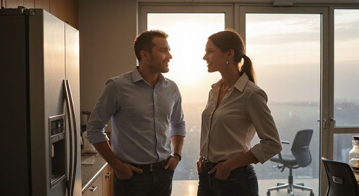 Een man en vrouw in gesprek in een kantoorbreakroom. Een man en vrouw in gesprek in een kantoorbreakroom.