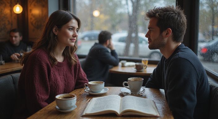 Een vrouw glimlacht terwijl ze met een man in een café praat. Een vrouw glimlacht terwijl ze met een man in een café praat.