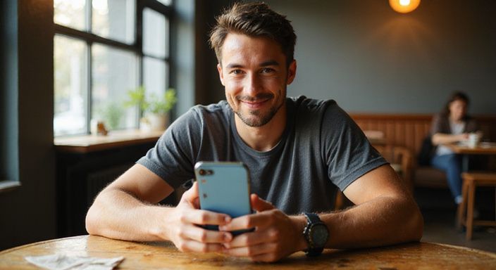 Een jongvolwassene genietend van hun smartphone in een café. Een jongvolwassene genietend van hun smartphone in een café.