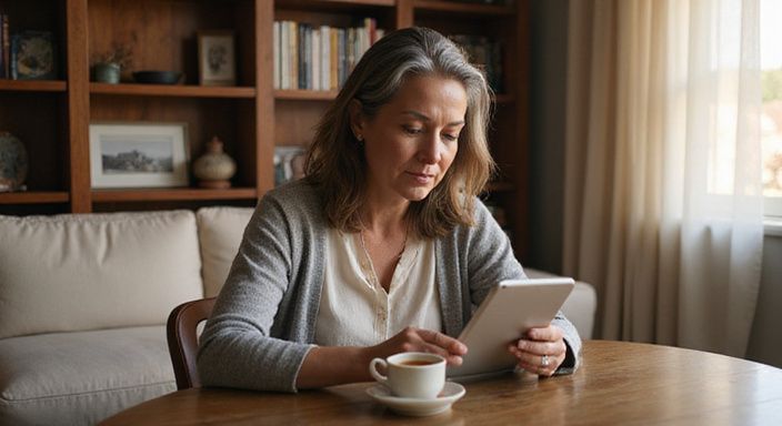 Een vrouw in de vijftig verdiept in haar tablet