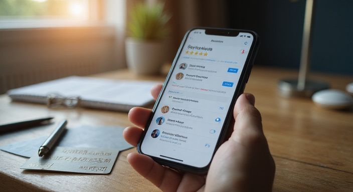 Smartphone met serviceplatforminterface en gebruikersrecensies op houten bureau. Smartphone met serviceplatforminterface en gebruikersrecensies op houten bureau.