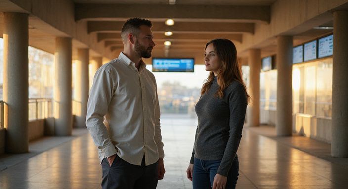 Twee volwassenen in een station, in gesprek met ontspannen houding. Twee volwassenen in een station, in gesprek over erotisch contact in Antwerpen met ontspannen houding.