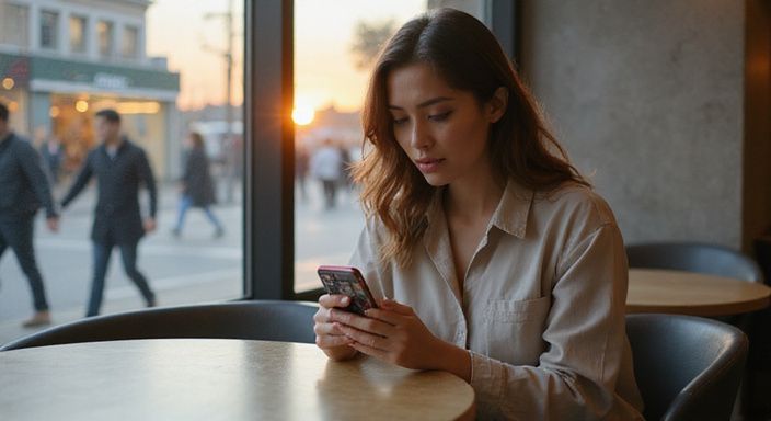 Een vrouw kijkt contemplatief naar haar smartphone in een café. Een vrouw zoekt op haar telefoon naar erotisch contact in Antwerpen.