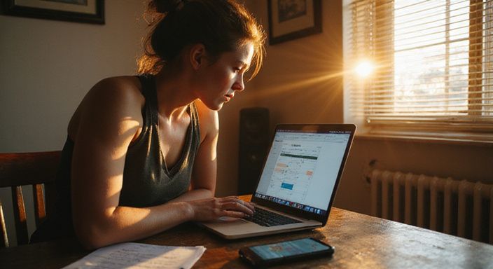 Een vrouw in haar twenties werkt geconcentreerd achter een bureau. Een vrouw in haar twenties werkt geconcentreerd achter een bureau.