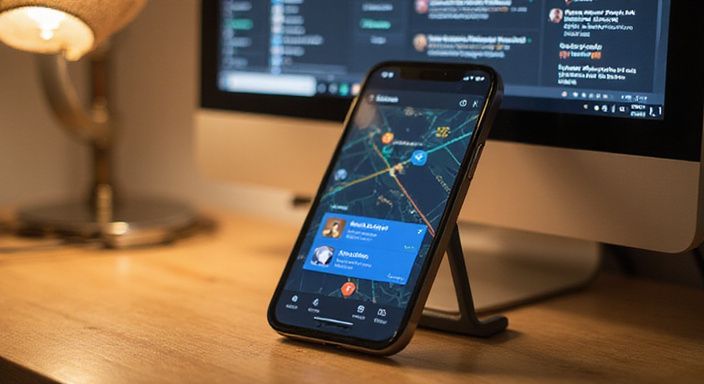 Een smartphone toont de Passion Hub-app op een licht eiken bureau. Een smartphone toont de Passion Hub-app op een licht eiken bureau.