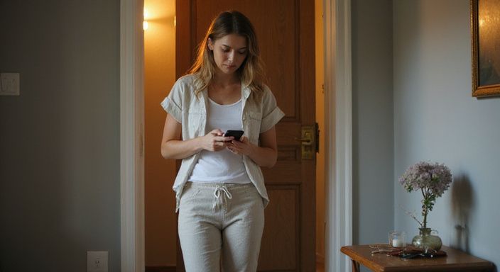 Een vrouw in casual kleding kijkt aandachtig naar haar smartphone. Een vrouw in casual kleding kijkt aandachtig naar haar smartphone op zoek naar erotisch contact in Antwerpen.