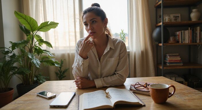 Een vrouw zit peinzend aan een houten tafel met koffie en technologie. Een vrouw zit peinzend aan een houten tafel met koffie en technologie.