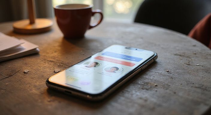 Een smartphone met een datingapp ligt op een verweerd eiken bureau. Een smartphone met een datingapp voor erotisch contact in Antwerpen ligt op een verweerd eiken bureau.
