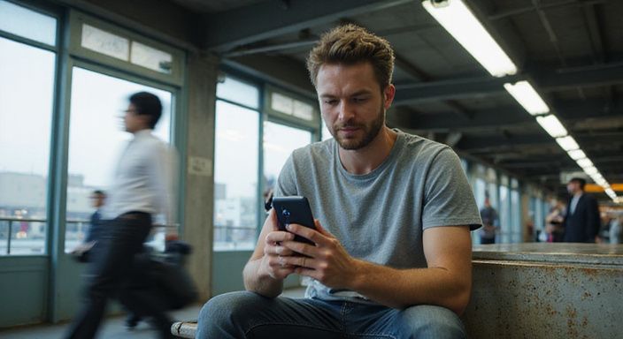 Een man zit alleen op een bank en kijkt naar zijn smartphone. Een man zit alleen op een bank en kijkt naar zijn smartphone.